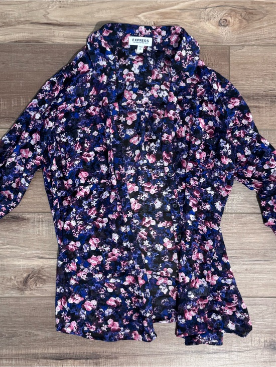 Express Tops - Express Navy Floral Button-Up Blouse with Pink & Purple Flowers